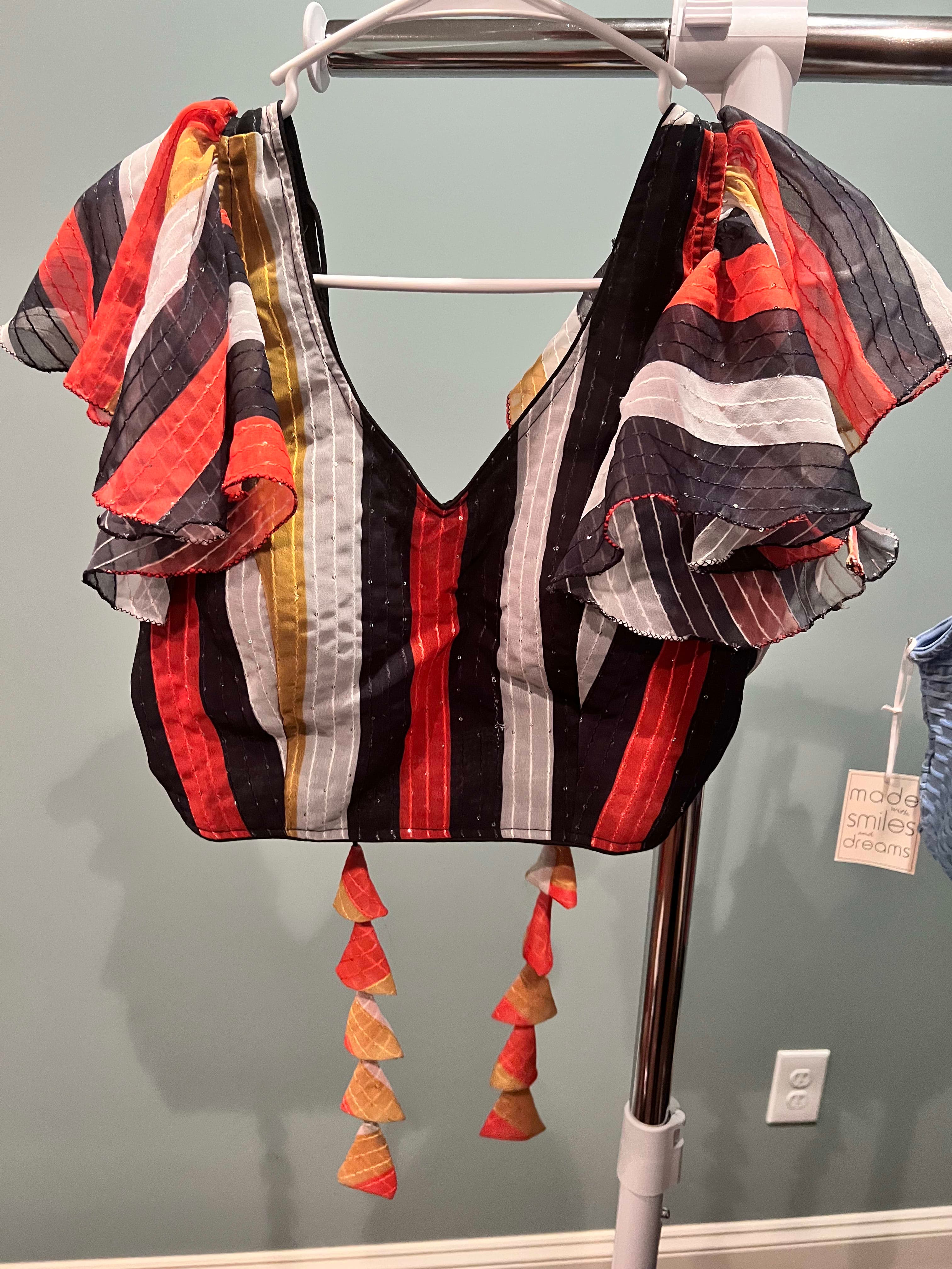 Blouse-crop top-Moda Smiles Dreams Striped Poncho with Tassels