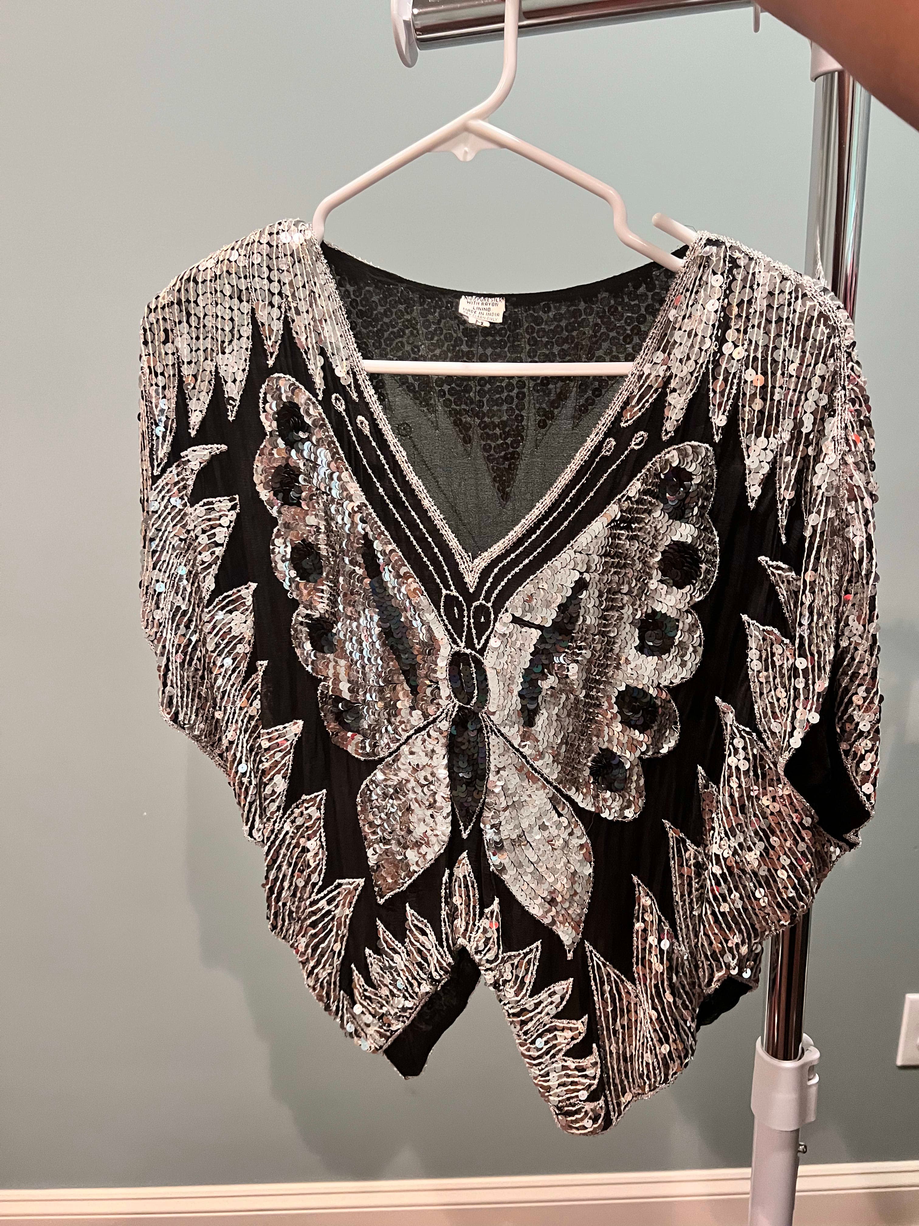 Black and Silver Sequin Butterfly Blouse