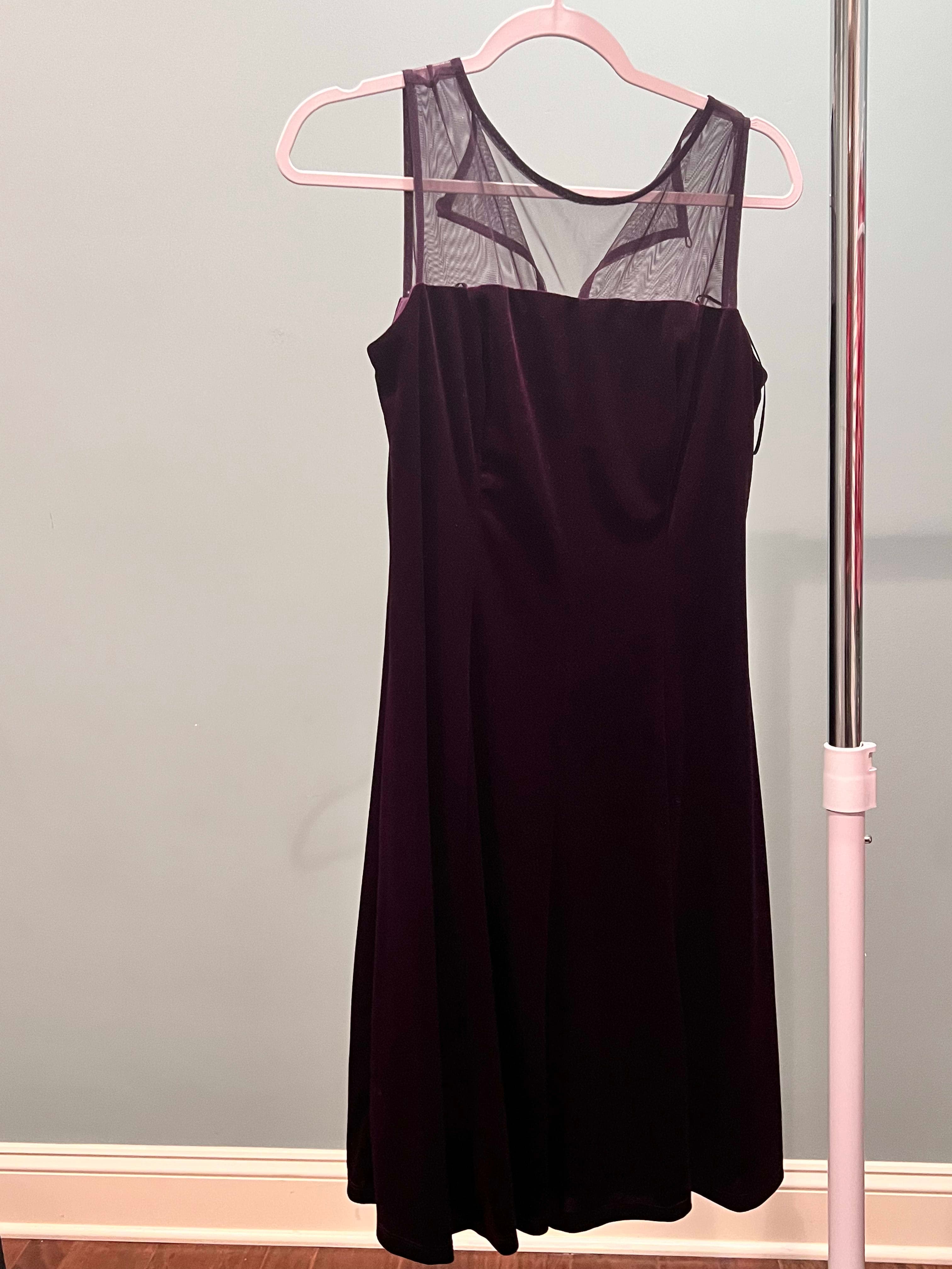 Dark Purple Velvet A-Line Dress with Mesh Neckline