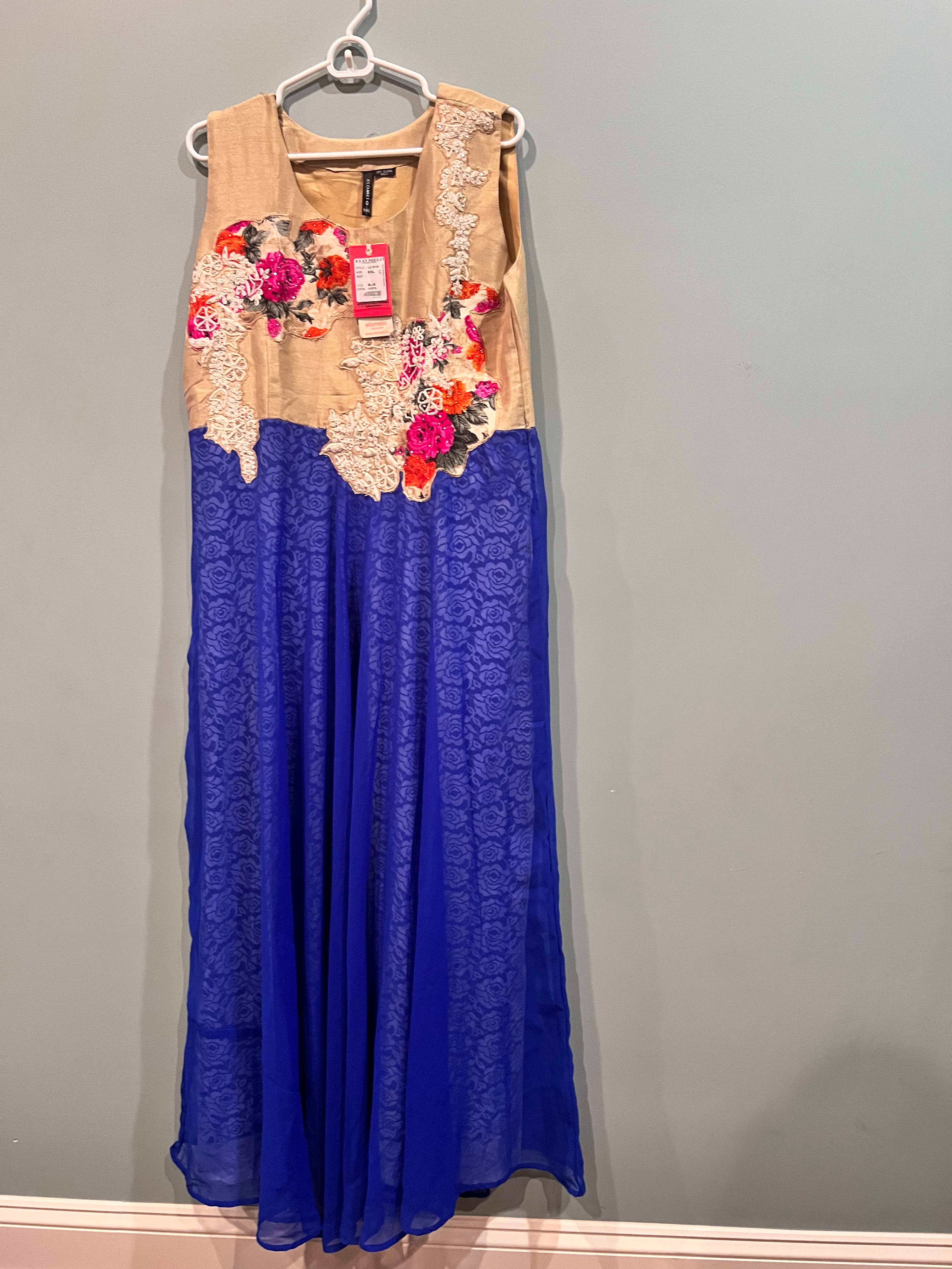 Sleeveless Floral Embellished Blue and Tan Dress