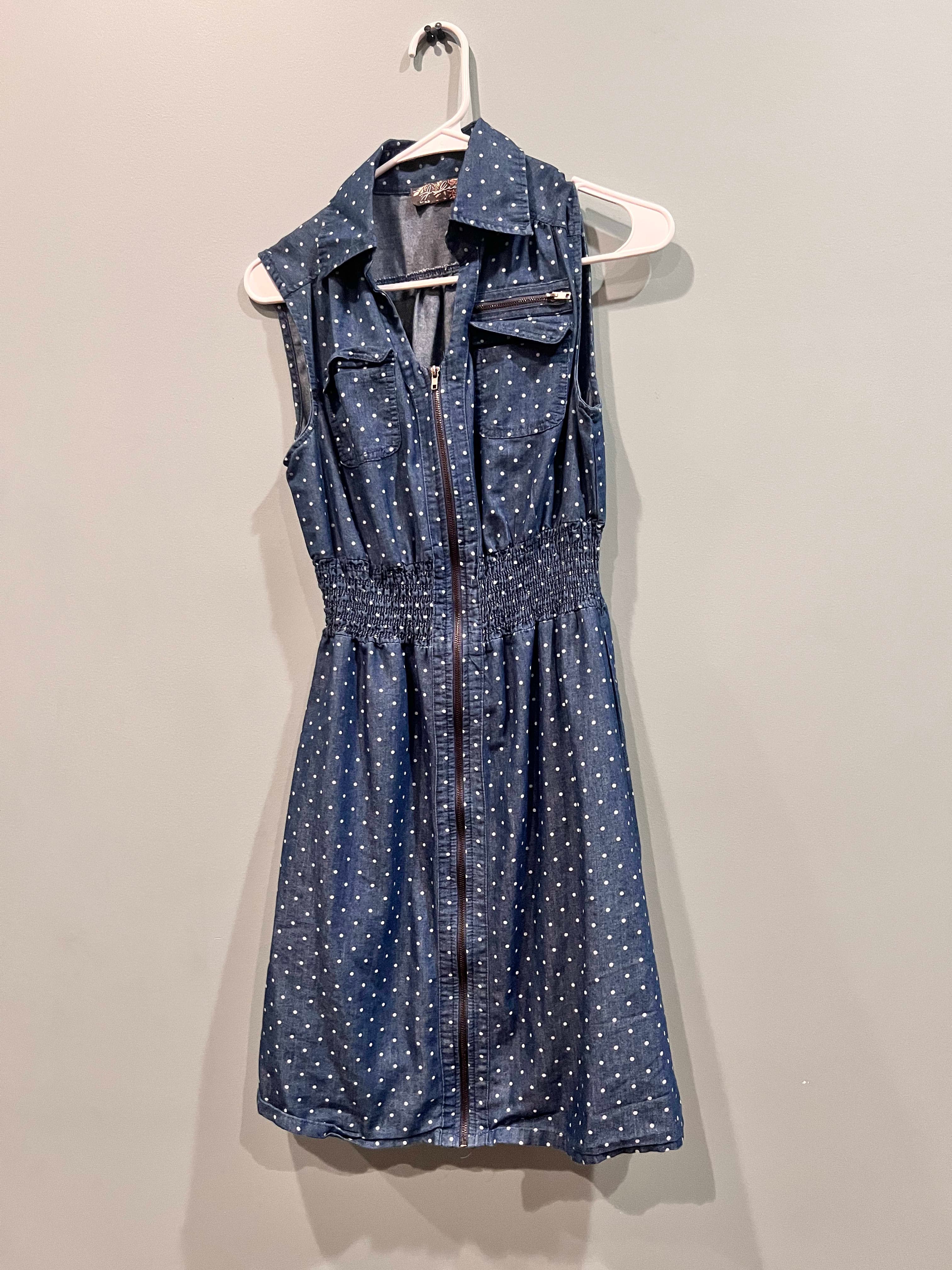 Denim Polka Dot Sleeveless Shirt Dress