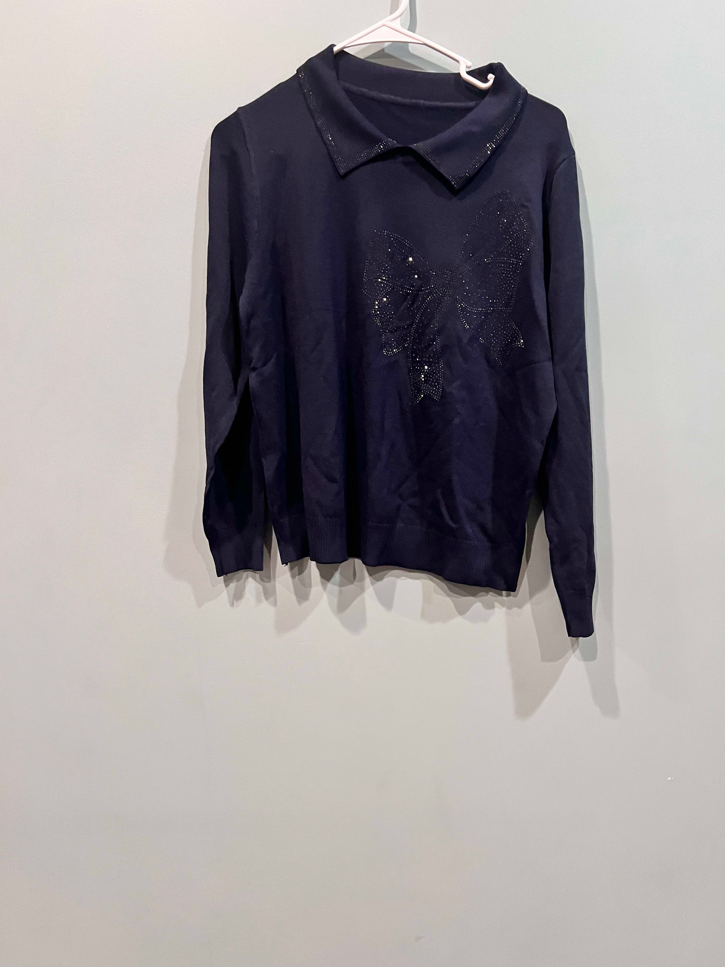 Navy Sparkle Butterfly Collared Top-Sweater