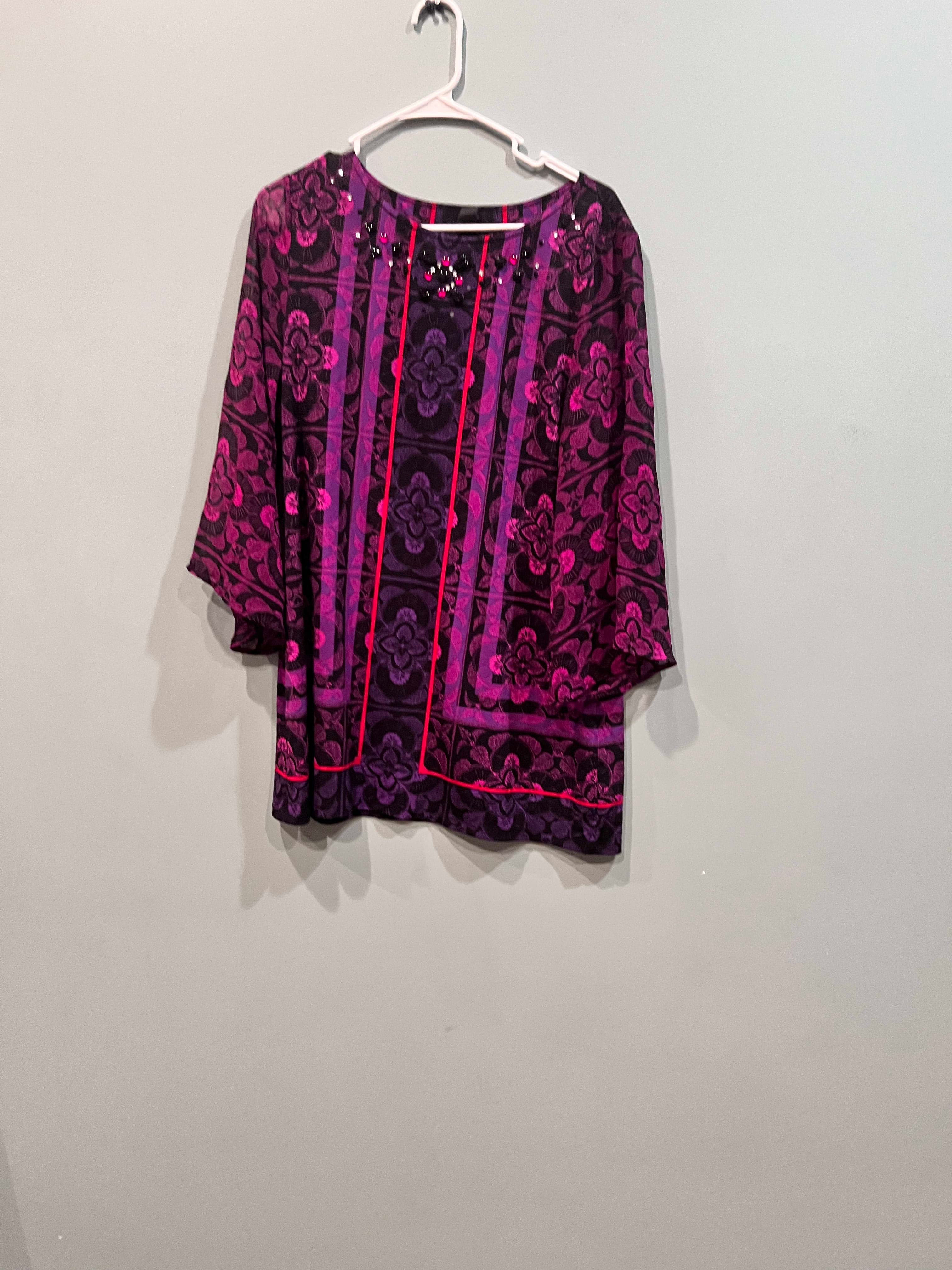 Purple Floral Damask Tunic Blouse with Red Trim