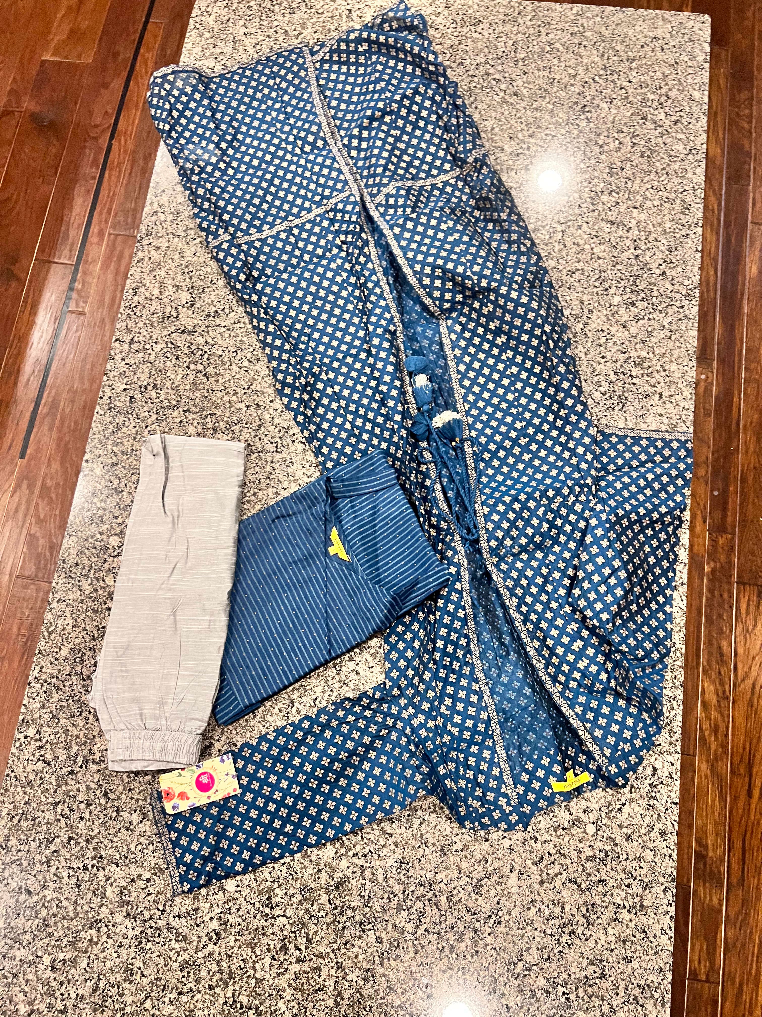 Three piece contemporary look - Navy Blue Patterned Pant Set