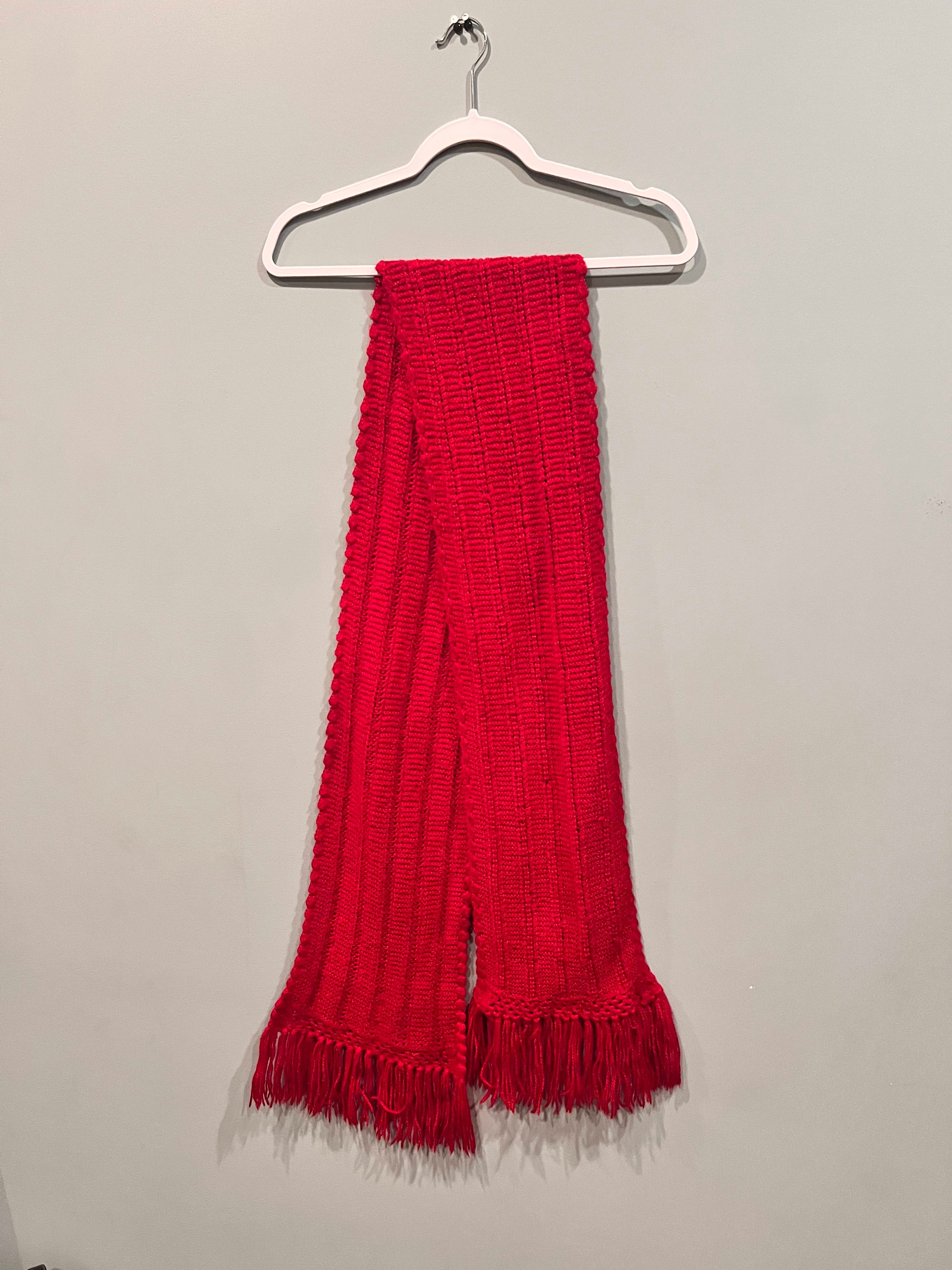 Red Ribbed Knit Scarf with Fringe