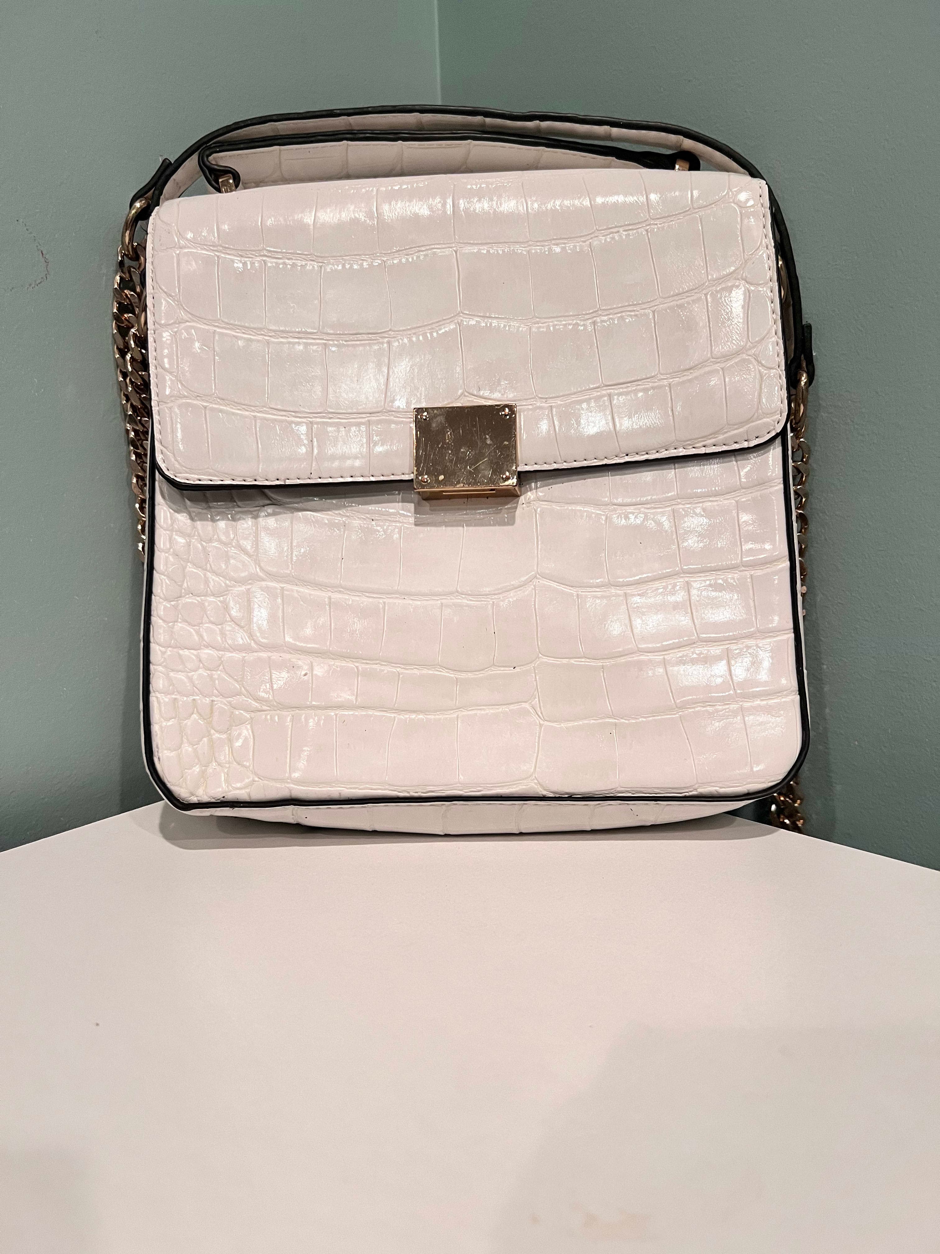 White Crocodile Embossed Leather Crossbody Bag