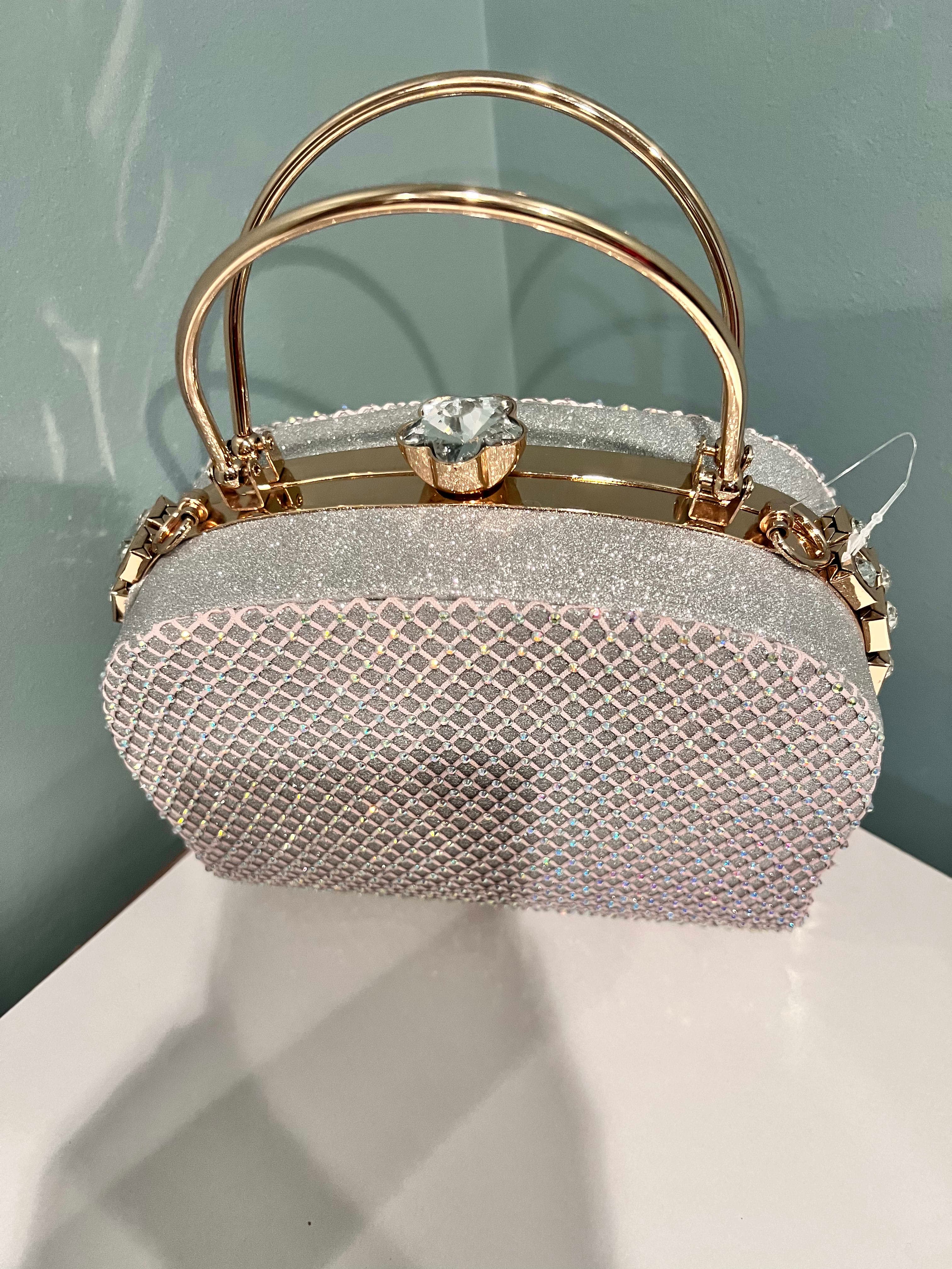 Silver Beaded Evening Clutch with Gold Handle