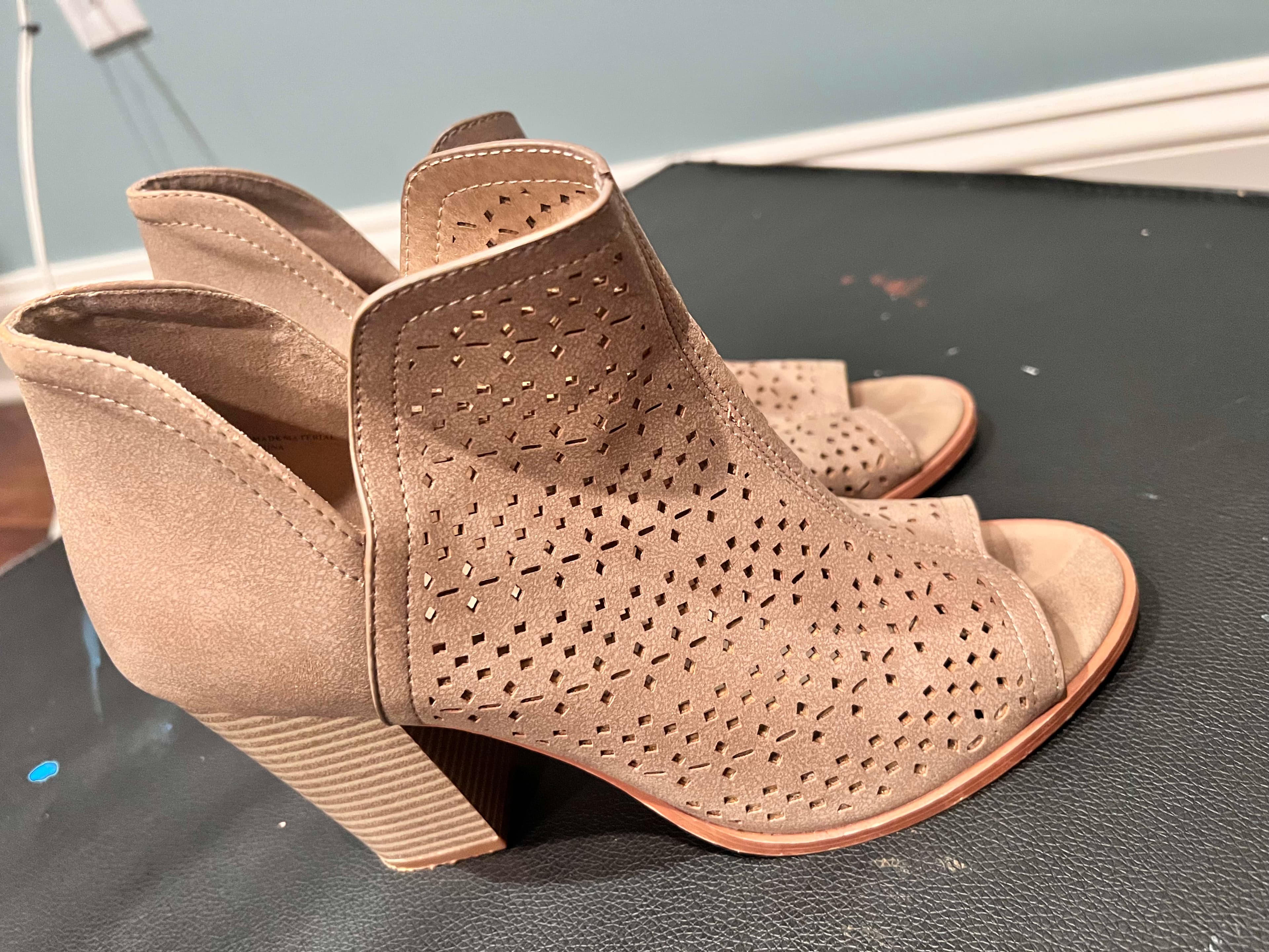 Taupe Perforated Open-Toe Wedge Booties