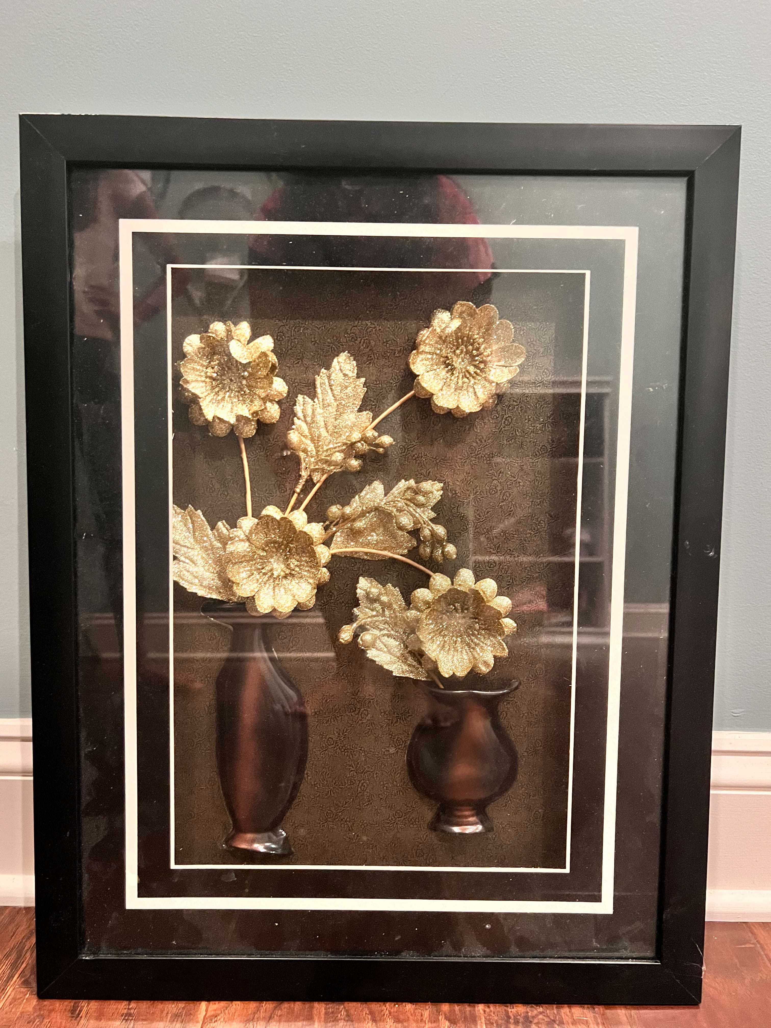 Framed Floral Still Life Art Print with Gold Flowers