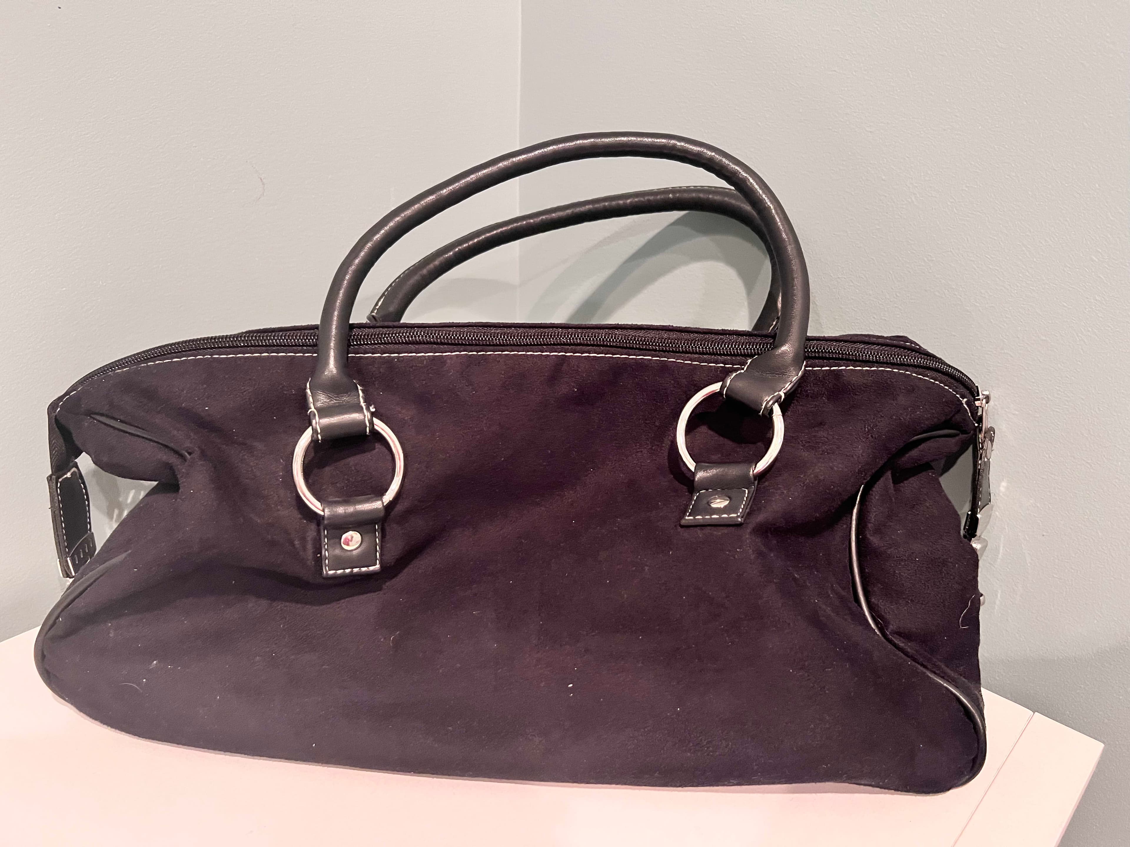 Dark Purple Suede Handbag with Leather Handles