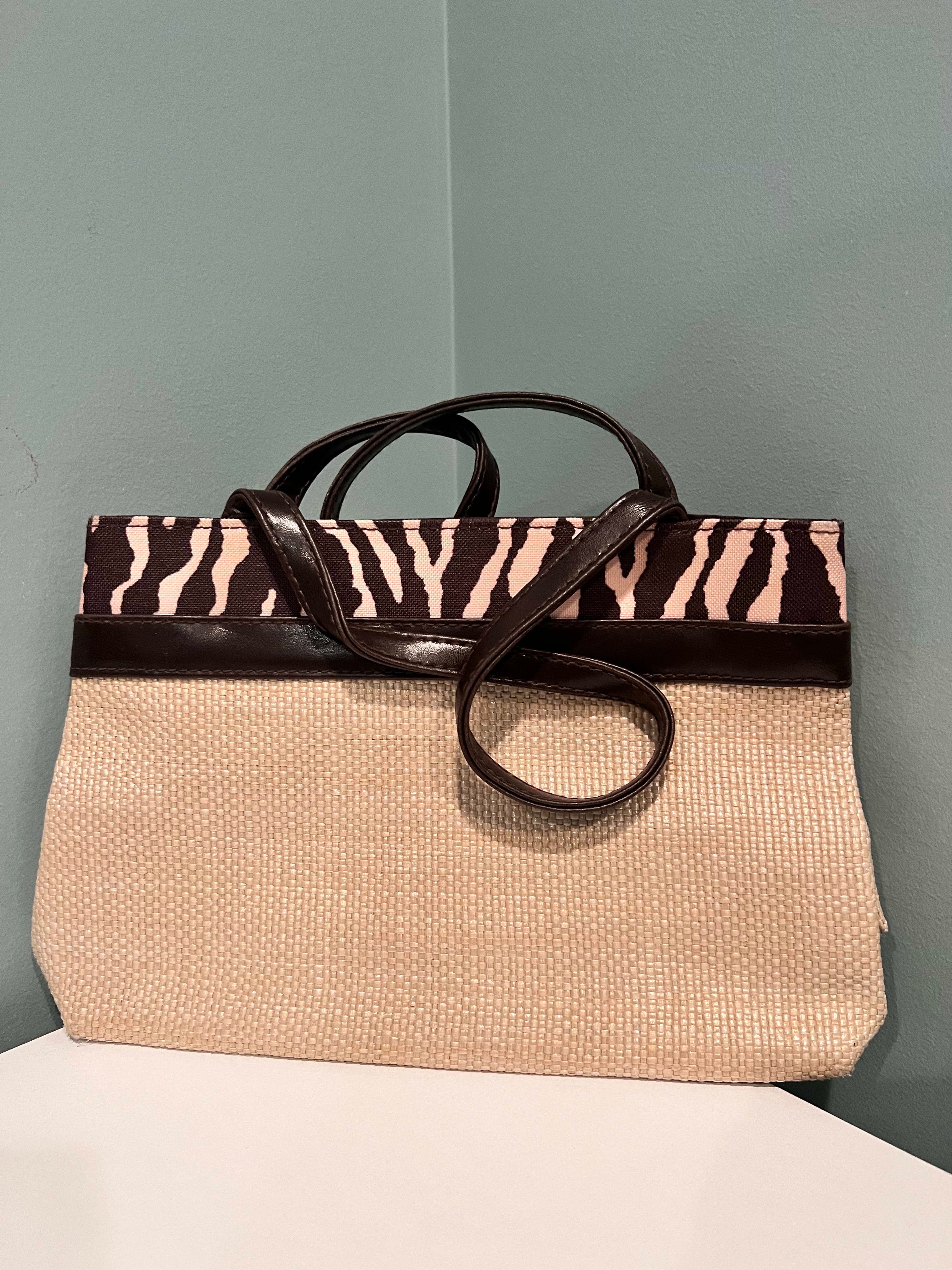 Zebra Print Canvas Tote Bag with Leather Handles