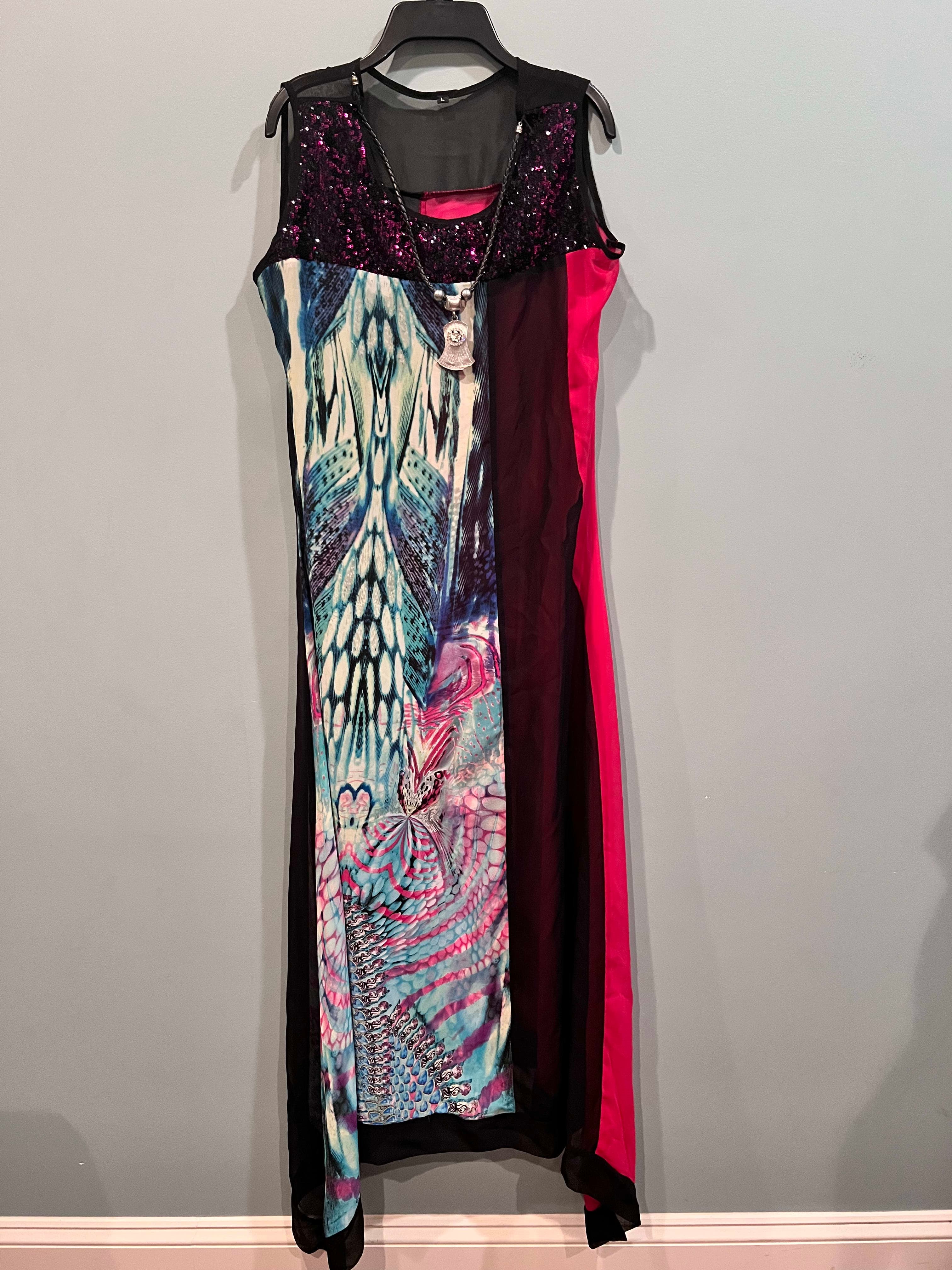Designer Sleeveless Maxi Dress with Sequin and Printed Panel