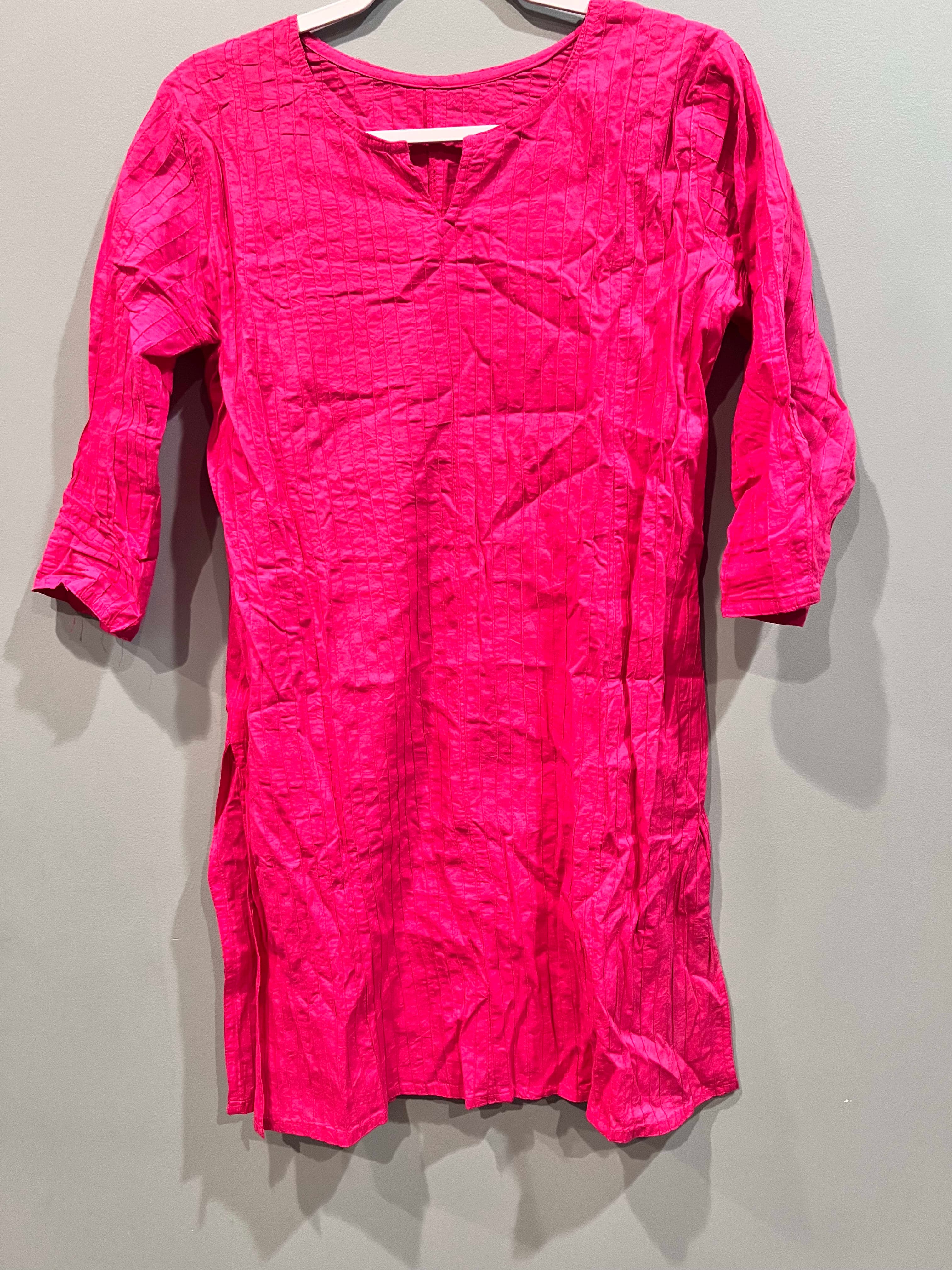 Hot Pink Quilted 3/4 Sleeve Tunic Dress